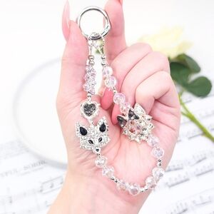 Womens Handmade Elegant Silver and Black Glass Rhinestone Fox Keychain Charm